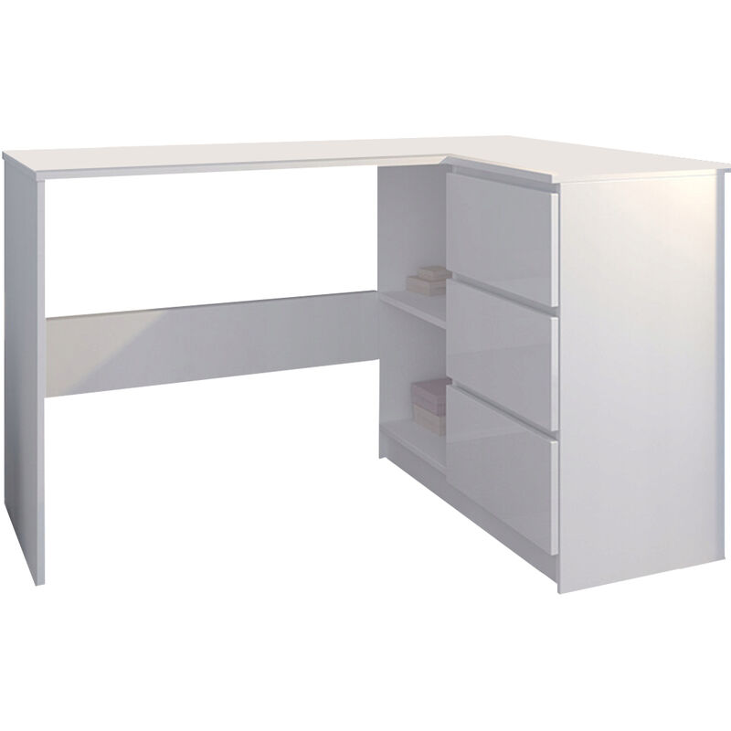 REX B - Bureau d'angle avec rangements + 3 tiroirs - 112x87x76 cm - Table d'ordinateur moderne forme de L - Blanc