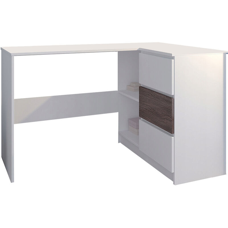 REX B - Bureau d'angle moderne avec rangements + 3 tiroirs - 112x87x76cm - Table d'ordinateur forme de L - Blanc/Wenge