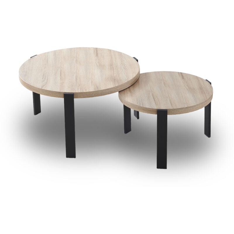 Mobilier Deco - reyna - Lot de 2 tables basses rondes gigognes en bois piètement métal noir