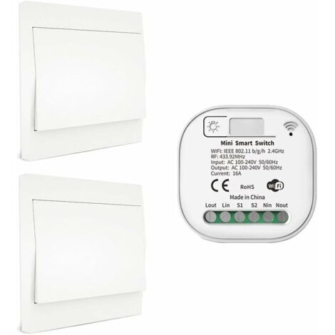 RF433- und WLAN-Funkfernbedienungs-Lichtschalter, keine Batterie, Verkabelung oder Hub erforderlich, kompatibel mit Alexa, Google Home und der Tuya Smart Life App, 2 Schalter, 1 Empfänger-Set