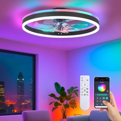 SJQKA RGB Ceiling Fan with Lighting, 40cm Pendant Fan, Lighting with Remote Control, APP Control, Black