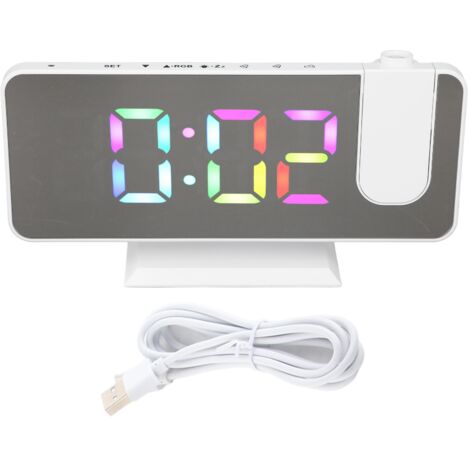 RGB Digital Alarm Clock Mirror Surface Adjustable Brightness Modern Desk Clock with 180 Degree Rotatable Projector for Bedroom Office White