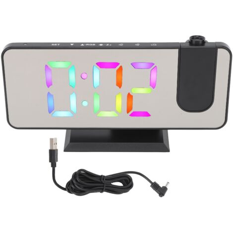 RGB-Digitalwecker mit Spiegel, einstellbarer Helligkeit, 180° drehbarem Projektor für Büro oder Schlafzimmer, modernes Design, schwarze Farbe.