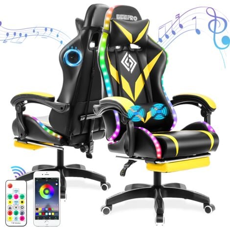 MAEREX RGB Gaming Chair with Bluetooth Speakers, LED Lights, Ergonomic Massage Computer Gaming Chair PU Leather with Footrest High Back, Lumbar Support, Yellow+Black