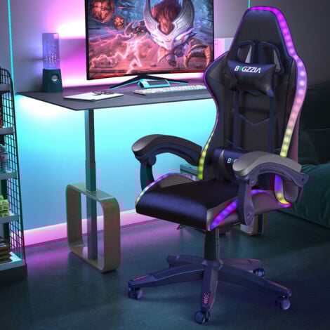 RGB Gaming Chair with LED Lights - BIGZZIA Ergonomic Computer Chair Reclining - PU Leather High Back Game Chair with Headrest - Adjustable Lumbar Support Linkage Armrest - Black