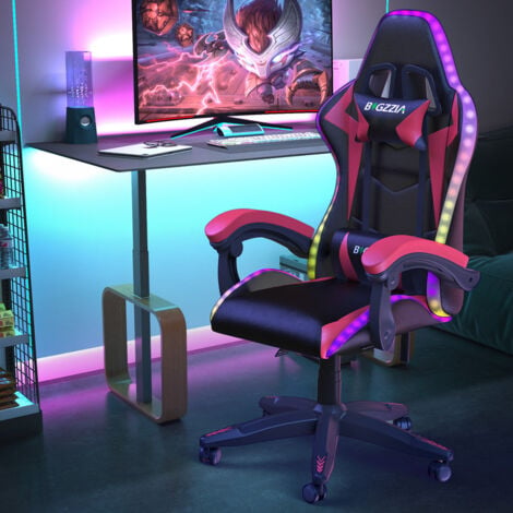 RGB Gaming Chair with LED Lights - BIGZZIA Ergonomic Computer Chair Reclining - PU Leather High Back Game Chair with Headrest - Adjustable Lumbar Support Linkage Armrest - Black and red