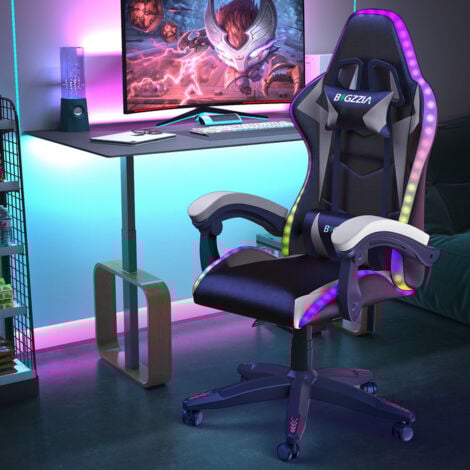 RGB Gaming Chair with LED Lights - BIGZZIA Ergonomic Computer Chair Reclining - PU Leather High Back Game Chair with Headrest - Adjustable Lumbar Support Linkage Armrest - Black and white