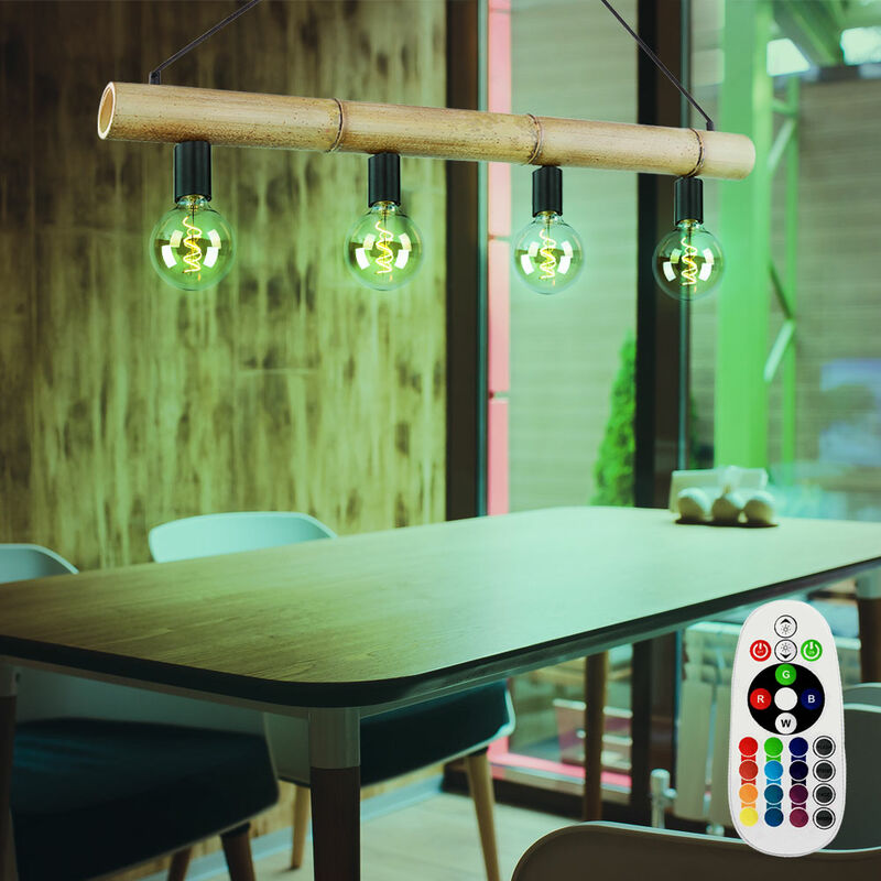Decken Pendel Lampe Fernbedienung natur Vintage Design Hänge Leuchte dimmbar im Set inkl. RGB LED Leuchtmittel