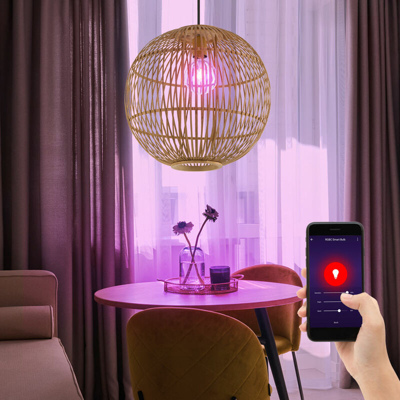 Smart Kugel Decken Hänge Bambus Leuchte Lampe dimmbar steuerbar per App Handy Sprache im Set inkl. RGB LED Leuchtmittel