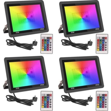 RGB Projecteur LED Extérieur 30W,Spot LED Couleur avec Télécommande,16 Couleurs 4 Modes Dimmable Éclairage Extérieur Murale,Étanche IP66 Luminaire Jardin pour Cour,Terrasse,Noël,Fêtes DJ-4pcs [C