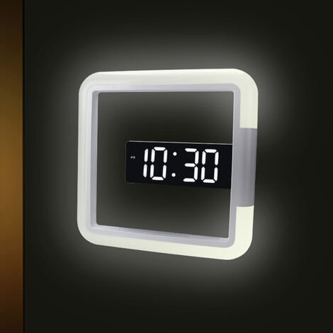 RGB Quadratische Spiegel-Wanduhr Hohle LED-Uhr Wanduhr Digitaler Wecker Schlummertemperatur-Erkennung 7 Farben RGB-Licht mit Fernbedienung,Weiß