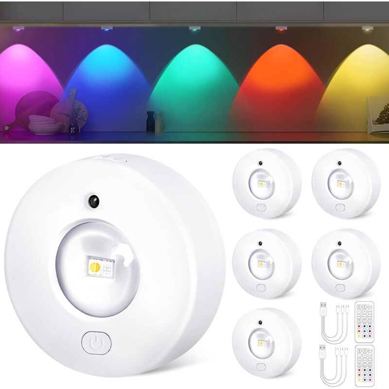 Rgb Rechargeable Spot Led Sans Fil avec télécommande, 13 couleurs et batterie 1500mAh, variateur et minuterie, pour cuisine, placard et chambre à
