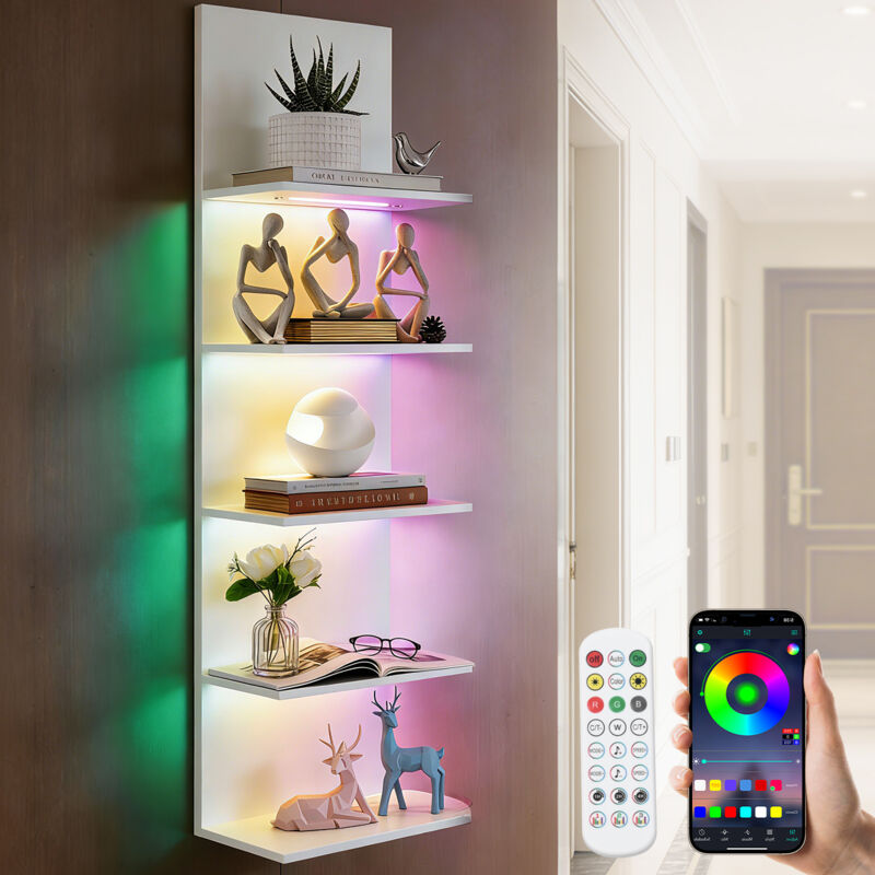 RGBIC Lampadaire avec Étagères Flottantes, 5 Niveaux, App & Télécommande, LED Étagère murale Bibliothèque effets lumineux dynamiques, en MDF avec
