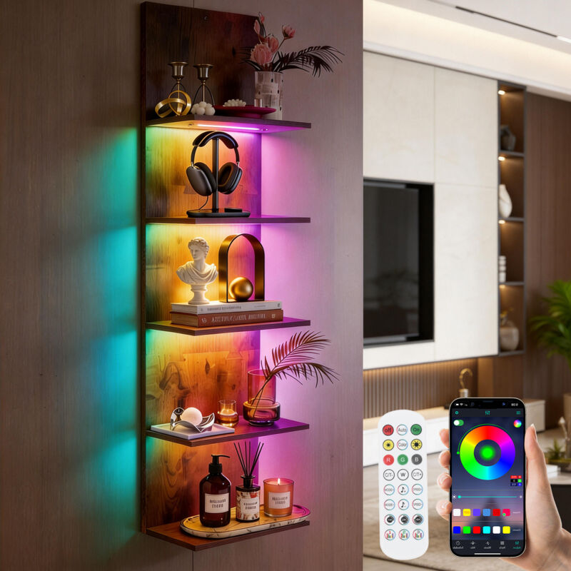 RGBIC Lampadaire avec Étagères Flottantes, 5 Niveaux, MDF avec montage invisible, App & Télécommande, LED Étagère murale Bibliothèque, effets