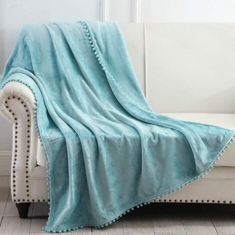 RGE Plaid en flanelle - Couverture douce et chaude avec franges à pompons pour chaise de canapé-lit, 100x150 cm, (Bleu)