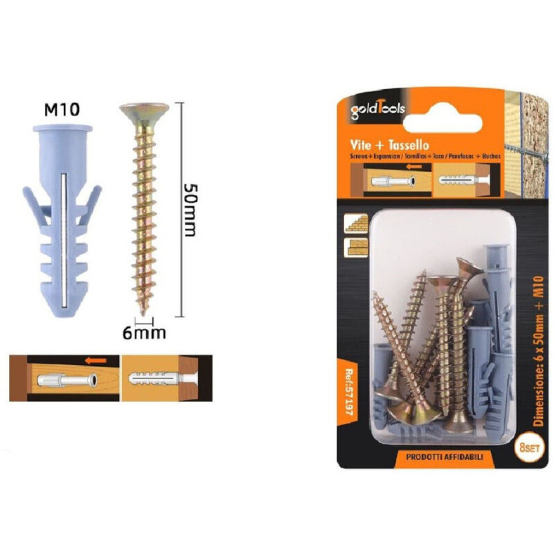 Set 8 Pièces Vis Vis 6 X 50 Mm + Chevilles Avec Ailettes Chevilles M10 Fischer 57197