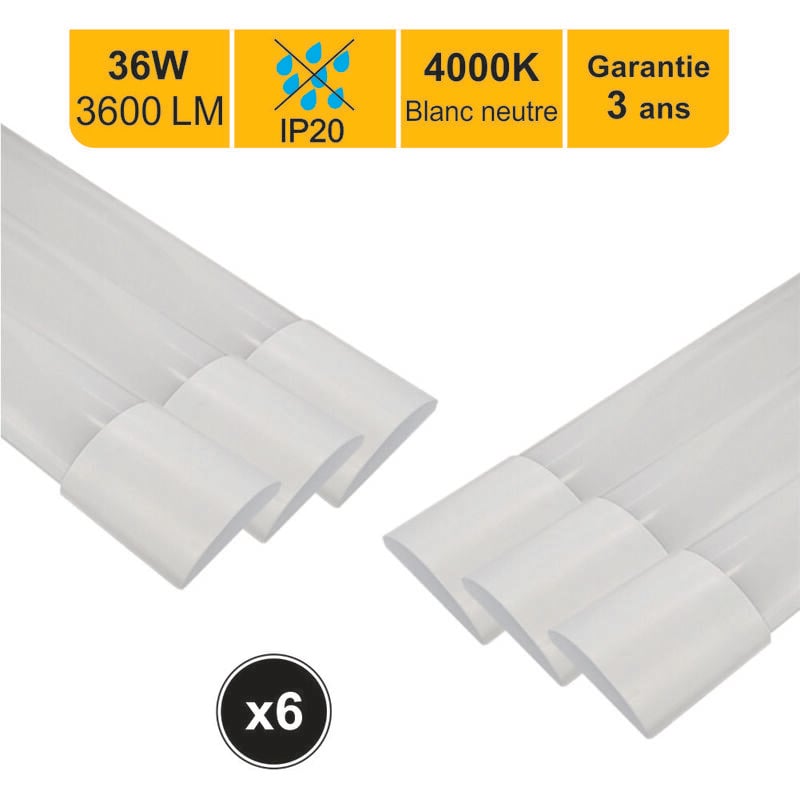 Lot de 6 réglettes led intégrée IP20 120cm 36W 3600lm -4000K lumière du jour - garantie 2 ans