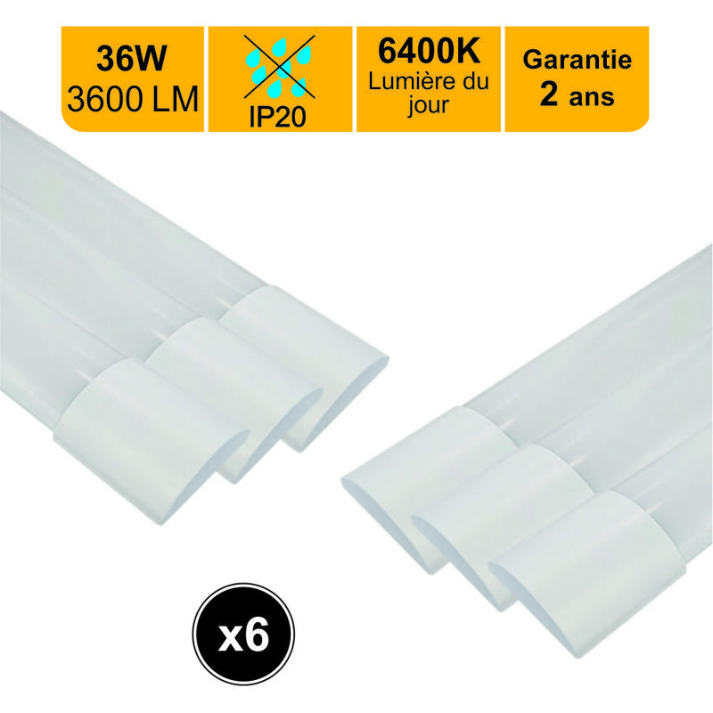 Lot de 6 réglettes led intégrée IP20 120cm 36W 3600lm - 6500K blanc neutre - garantie 2 ans