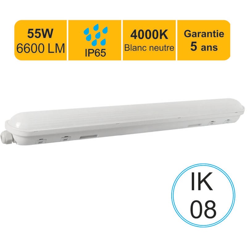 Lutece-arc - Réglette led étanche 1500mm 55W 6600 lm 4000K IP65 - traversant - garantie 5 ans