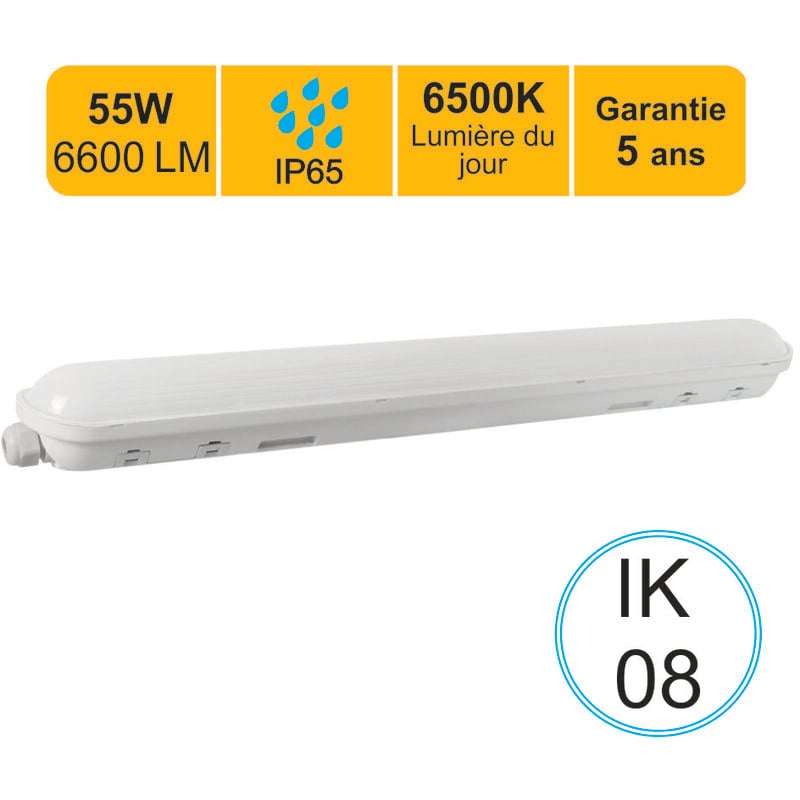 Lutece-arc - Réglette led étanche 1500mm 55W 6600 lm 6500K IP65 - traversant - garantie 5 ans