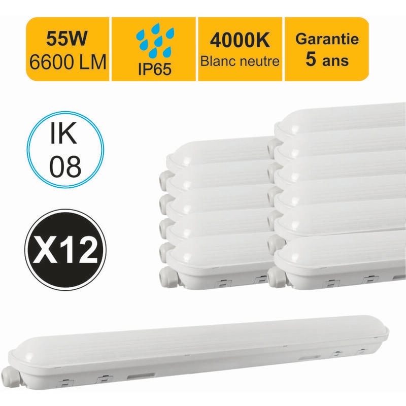 Lutece-arc - Lot de 12 réglettes led étanche 1500mm 55W 6600 lm 4000K IP65 - interconnectable - garantie 5 ans
