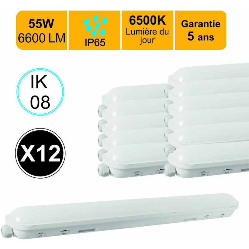 Lutece-arc - Lot de 12 réglettes led étanche 1500mm 55W 6600 lm 6500K IP65 - traversant - garantie 5 ans