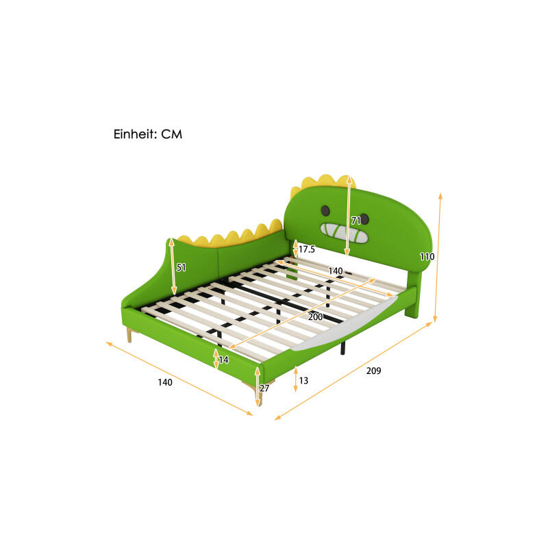 Aiducho Lit pour Enfant 140200 cm, Forme de Dinosaure de Dessin animé, lit Plat, matériau pu, Vert