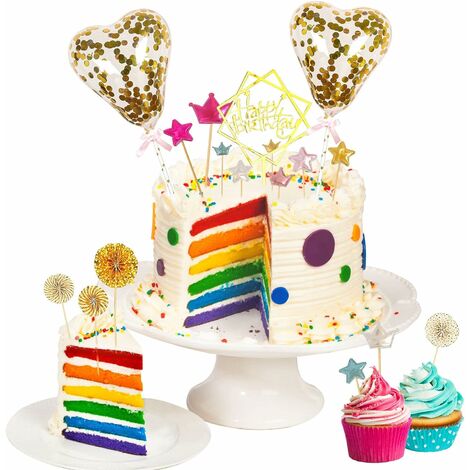 5 Pezzi Mini Palloncini Decorazione Topper Torta Topper Cupcake Happy Birthday Glitterate e 12 Pezzi Candele Torta Compleanno di Cera Multicolore per Torta di Compleanno Matrimonio Baby Shower 