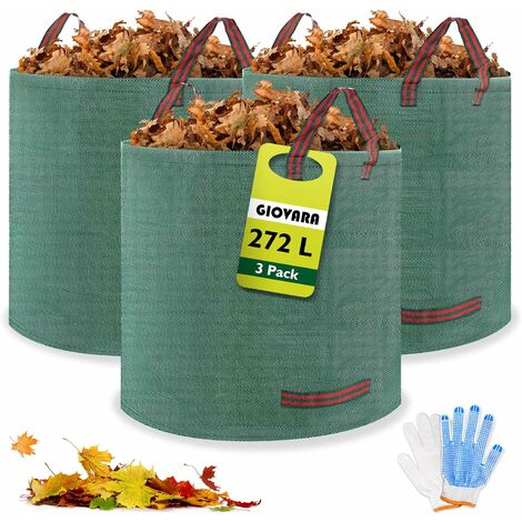 RHAFAYRE 3 x 272L Sacs à déchets de jardin, étanche Heavy Duty Grande Sacs avec poignées, pliable et réutilisable