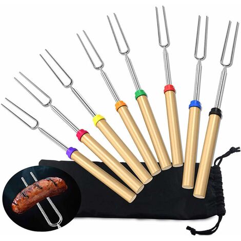 8 Brochettes de Barbecue Acier Inoxydable, 81.3cm Fourchette de Barbecue  Télescopique Manche Bois Extensible Bâtons