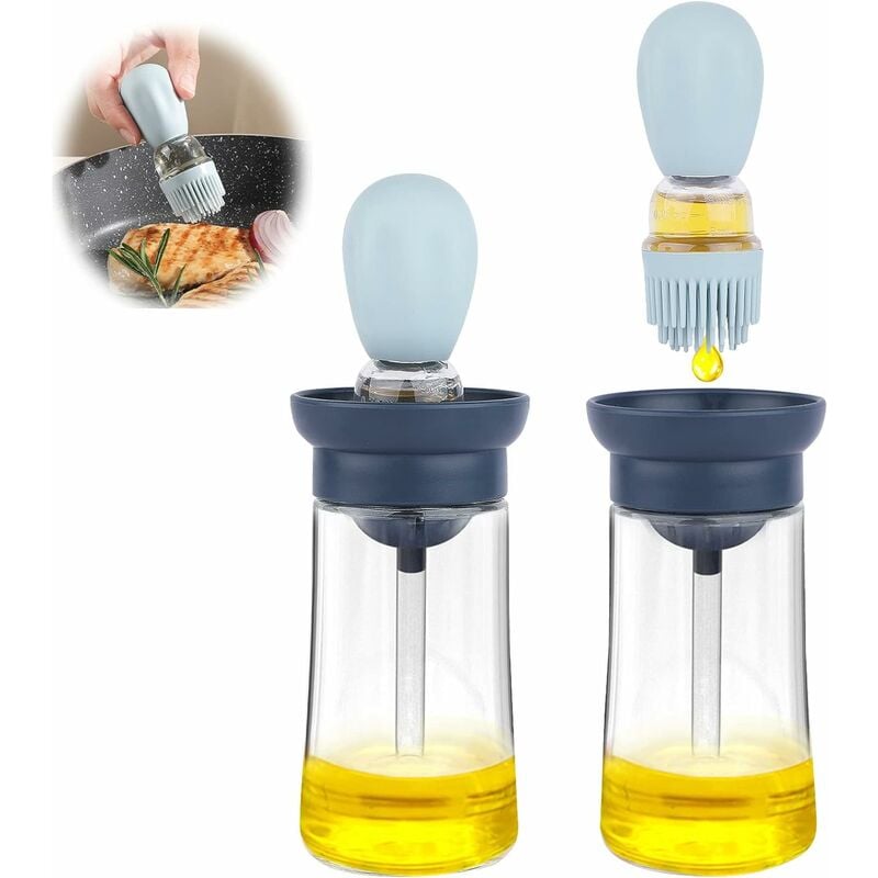 Rhafayre - Flacon distributeur d'huile d'olive en verre avec brosse en silicone 2 en 1 pour la cuisine, le barbecue, les crêpes - Bleu (1 pc)