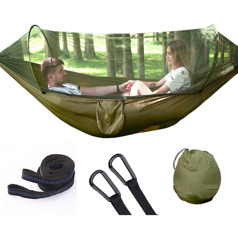 Hamac de Camping avec moustiquaire, hamac Portable en Nylon léger, pour hamac de Camping Double extérieur à Vitesse Automatique Ouverte(Armée