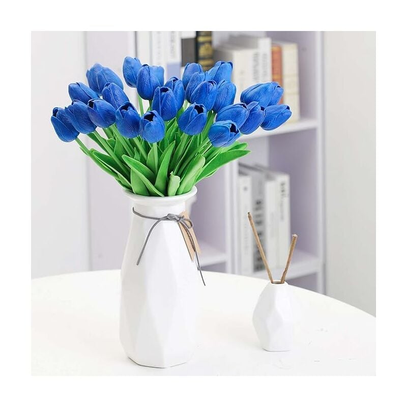 RHAFAYRE Lot de 10 tulipes artificielles 34 cm pour intérieur ou extérieur, décoration de mariage, cuisine, bureau, café, maison (bleu royal)