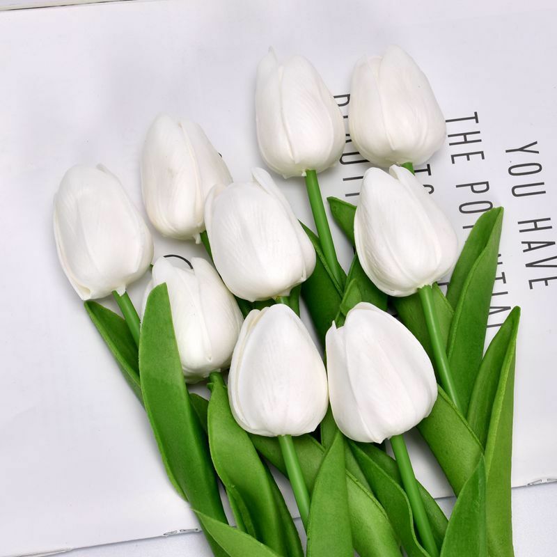 Rhafayre - Lot de 10 tulipes artificielles 34 cm pour intérieur ou extérieur, décoration de mariage, cuisine, bureau, café, maison (blanc)