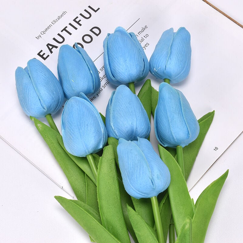 Rhafayre - Lot de 10 tulipes artificielles 34 cm pour intérieur ou extérieur, décoration de mariage, cuisine, bureau, café, maison (Bleu)