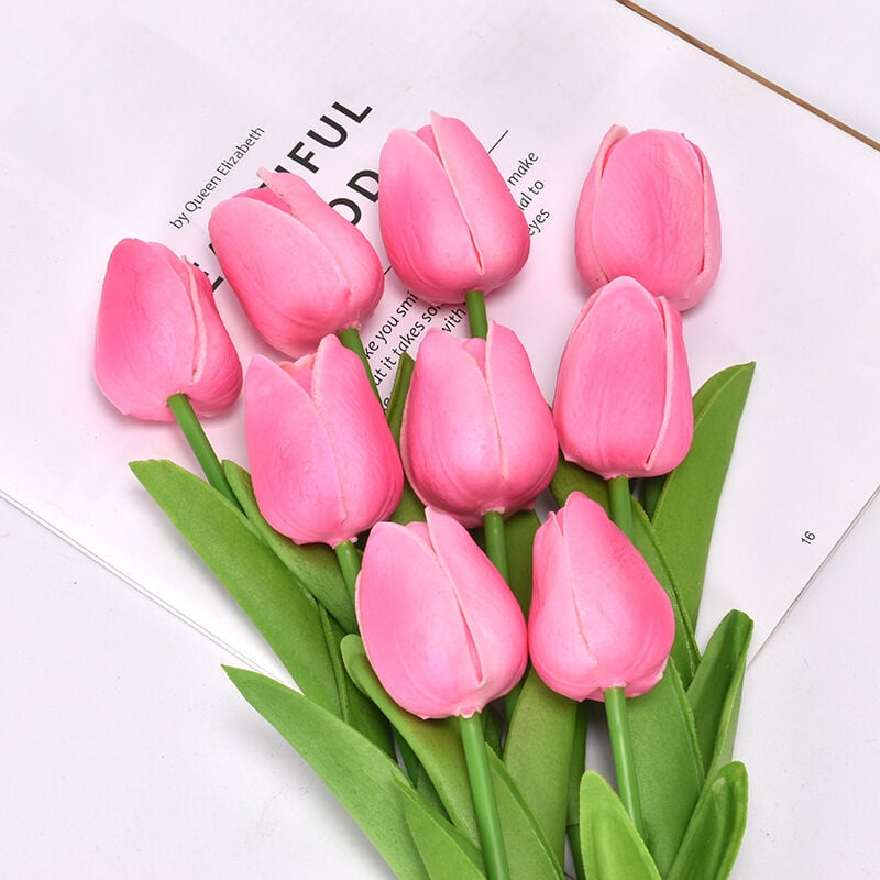 Rhafayre - Lot de 10 tulipes artificielles 34 cm pour intérieur ou extérieur, décoration de mariage, cuisine, bureau, café, maison (rose)