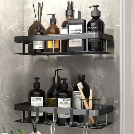 RHAFAYRE Lot de 2 Etagere Douche sans Percage, Etagere Murale Salle de Bain Aluminium mit 4 Crochets, Support Douche Auto-AdhéSif, Douche pour Salle de Bain/Cuisine/Chambre