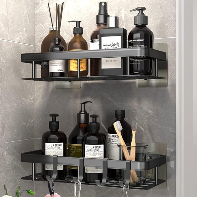 Aiducho Lot de 2 Etagere Douche sans Percage, Etagere Murale Salle de Bain Aluminium mit 4 Crochets, Support Douche Auto-AdhéSif, Tablette de douche