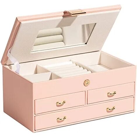 RHAFAYRE Portagioie, 2 cassetti, chiudibile a chiave, con specchio, scatola da viaggio, removibile, per anelli, bracciali, orecchini, fodera in velluto, j11-2 rosa