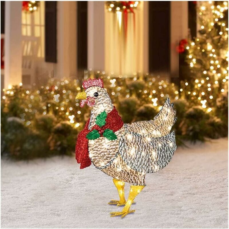 Rhafayre - Poulet lumineux avec écharpe décoration de Noël, piquets de jardin en forme de coq pour décoration de pelouse en plein air