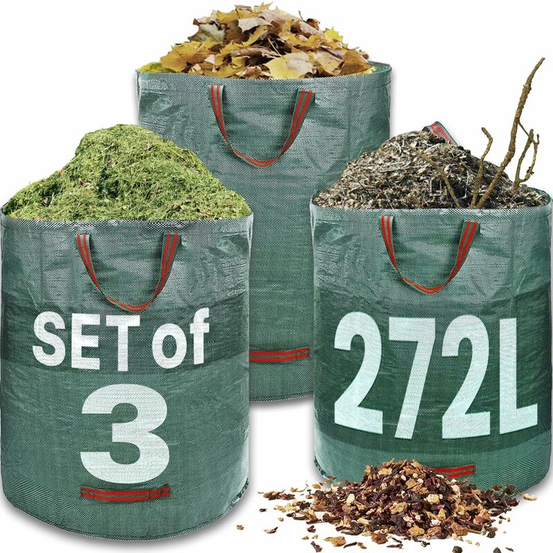Rhafayre - Sacs à déchets de jardin robustes – 272 litres – 3 sacs – Poignées industrielles et tissu – Sacs à déchets réutilisables de haute capacité