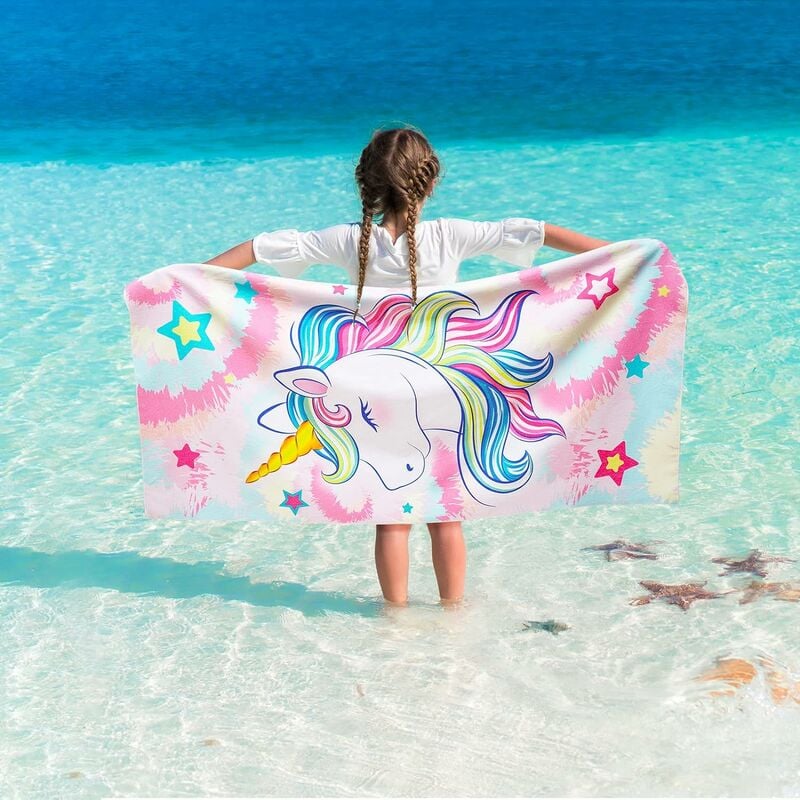 Rhafayre - Serviette de plage Licorne pour enfants - 75 x 150 cm Serviettes de Bain Arc-en-ciel pour Filles Couverture de plage absorbante Sans sable