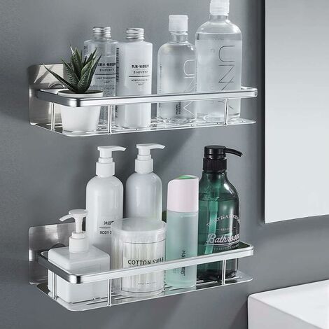 RHAFAYRE Set of 2 Shower Shelves without Drilling, Aluminum Bathroom Wall Shelf, Shower Shelf for Bathroom, Kitchen, Bedroom, Silver