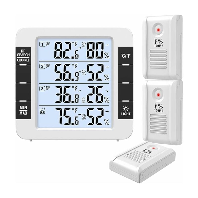 Rhafayre - Thermomètre Intérieur Extérieur, Thermomètre Connecté avec 3 Capteurs Sans Fil, Surveiller Humidité et Température (℃/℉), Enregistrer max