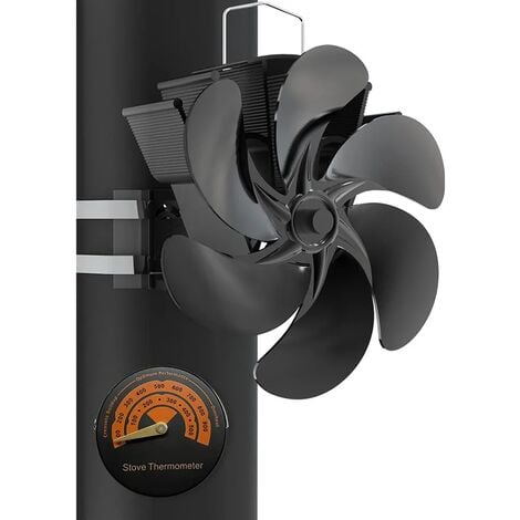 4 blades hang Laisetey Silent Flue Pipe 4 Blades Stove Fan with Thermometer Fireplace Blower Heat Powered Fan for Wood/Log Burners Chimney Fireplace-Eco-Friendly Black 