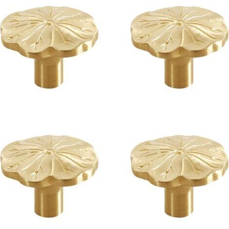 RHG 4 Pièces Poignée de Porte, Bouton de Tiroir en Laiton Massif, Poignée Monotrou en Forme de Feuille de Lotus en Laiton Bouton de Porte Or pour Placard, pour Commode Armoire (23x32mm)