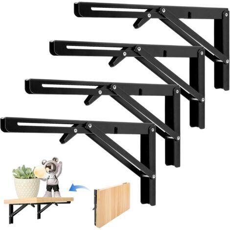 RHG 4 Pièces Support d' Étagères Pliable, 300mm Équerre Pliante Noir Support Console Pliants, Murale Supports Pliante, Pour Table Etagere Murale Garage Cuisine Chambre Bureau, Gain de place