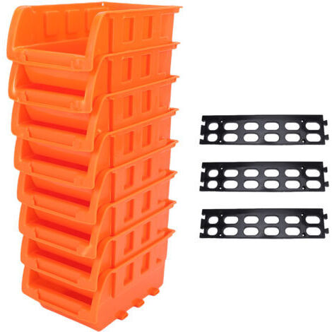 RHG Bac de rangement mural empilable avec 8 bacs et 3 rails, organisateur de rangement suspendu en plastique pour vis, écrous, boulons et clous, idéal pour garage