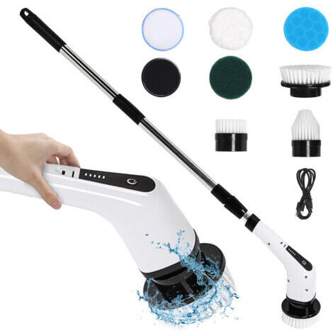 RHG Brosse Électrique Nettoyage Rotative, Brosse De Nettoyage sans Fil 8 TÊTes de Brosse Remplaçables, Brosse ÉLectrique Douche Poignée Ajustable Salle de Bain, Carrelage et Voiture - Blanc