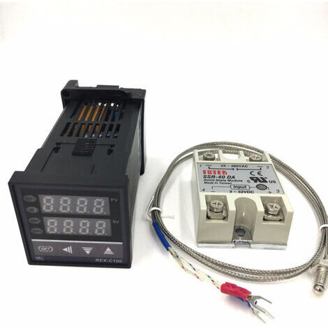 RHG Contrôleur de température intelligent REX-C100FK02-VDN, sortie relais statique (SSR), connecteur SSR-40 DA, sonde thermocouple de type K et dissipateur thermique